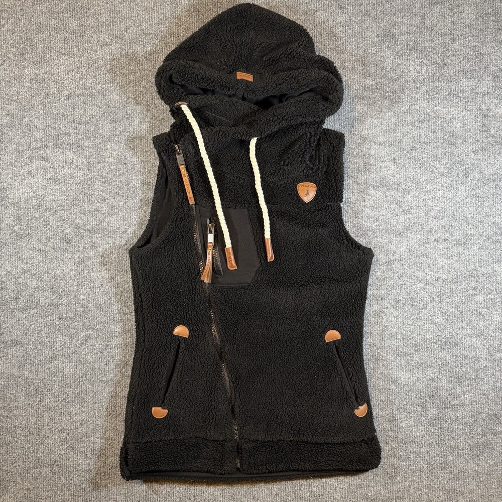 Wanakome Sherpa Wool Hooded Vest Womens XS Black Asymmetrical‎ Zip